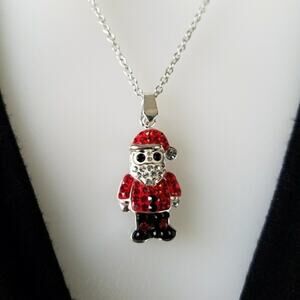 Stocking Stuffer White Gold Plated Crystal Santa Christmas Holiday Necklace